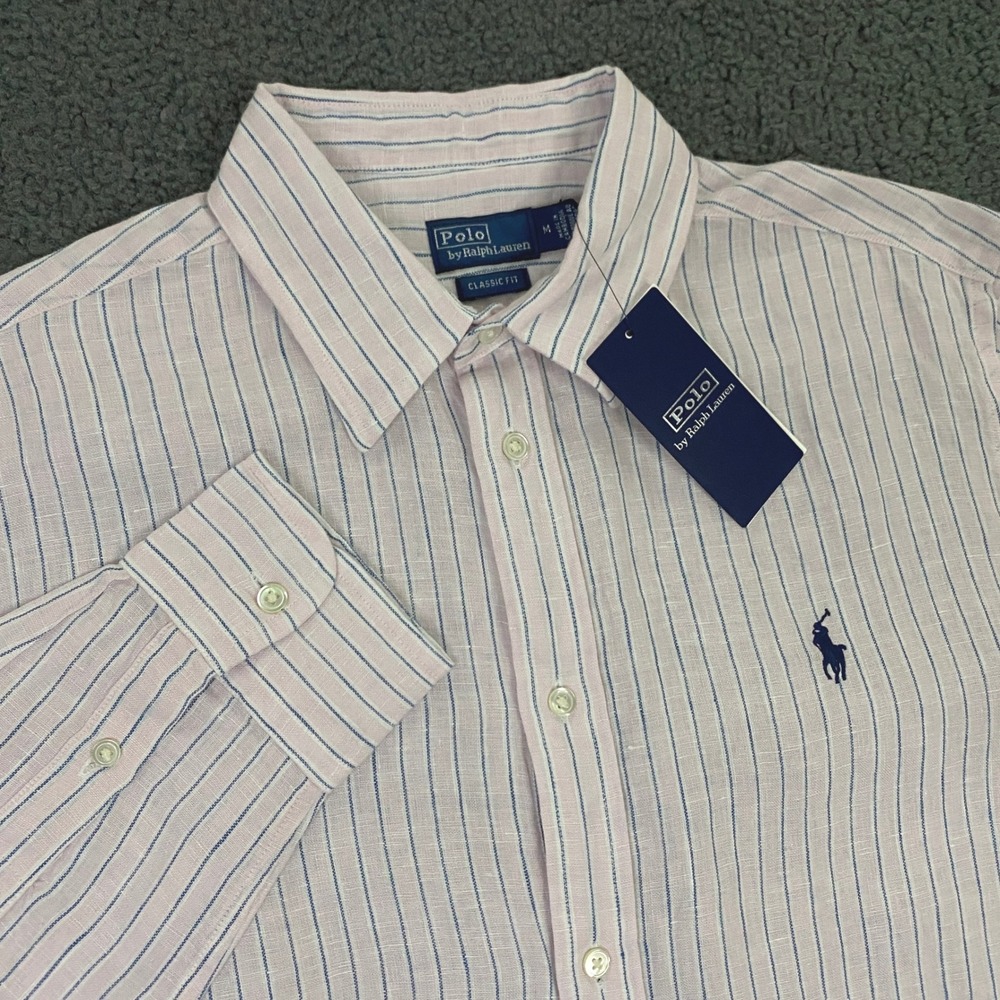 Polo Ralph Lauren Classic Fit Linen Striped Shirt Mens Medium Pink Button Up